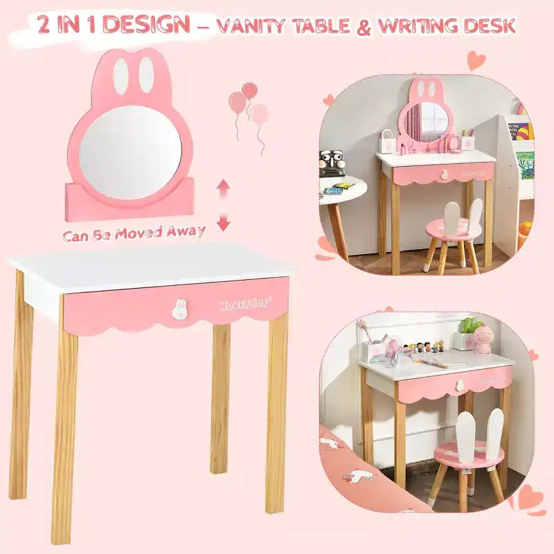 Costway Set Toeletta Bambini con Specchio e Sgabello, Tavolo da Trucco Coniglietto per Bambini, Bianco/Rosa