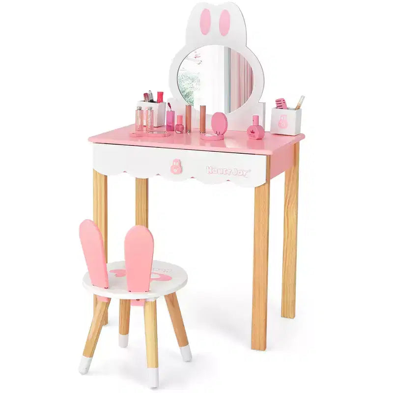 Costway Set Toeletta Bambini con Specchio e Sgabello, Tavolo da Trucco Coniglietto per Bambini, Bianco/Rosa