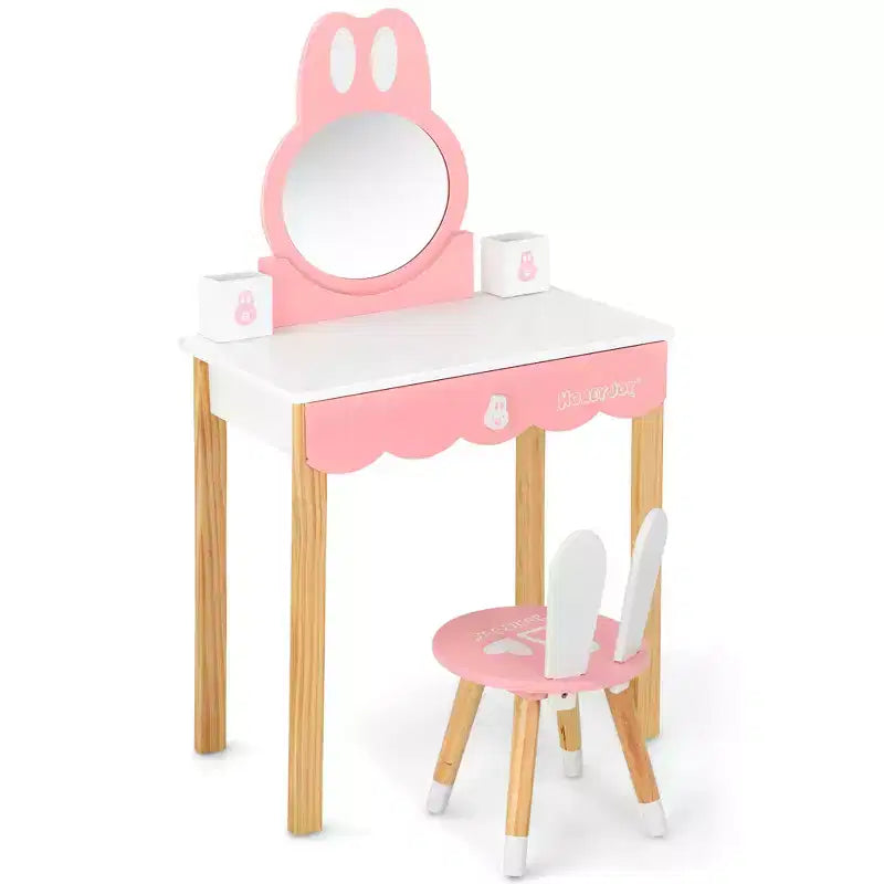 Costway Set Toeletta Bambini con Specchio e Sgabello, Tavolo da Trucco Coniglietto per Bambini, Bianco/Rosa