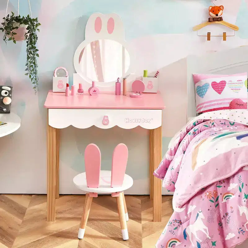 Costway Set Toeletta Bambini con Specchio e Sgabello, Tavolo da Trucco Coniglietto per Bambini, Bianco/Rosa