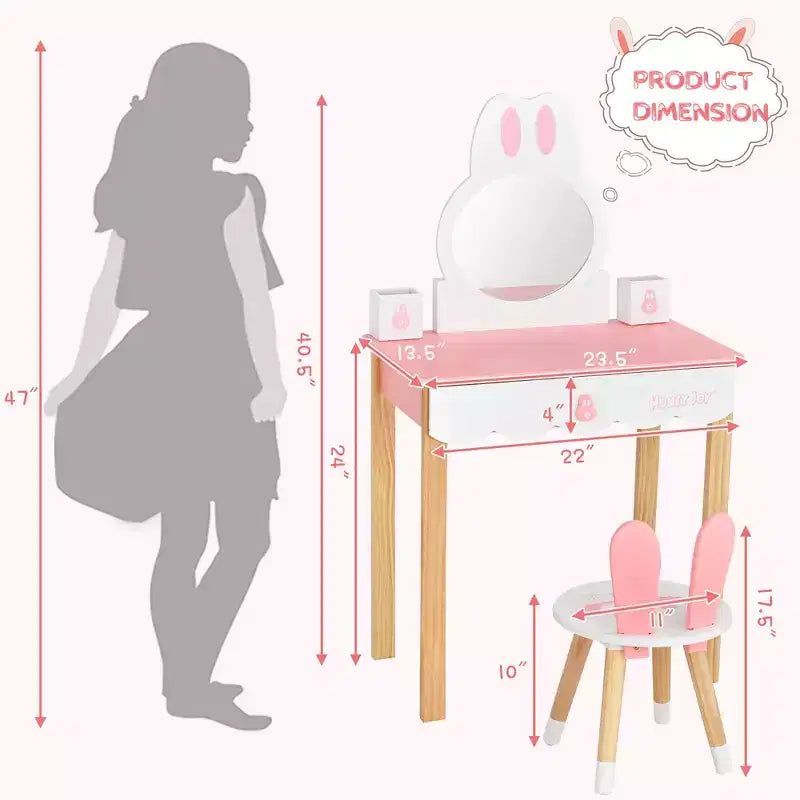 Costway Set Toeletta Bambini con Specchio e Sgabello, Tavolo da Trucco Coniglietto per Bambini, Bianco/Rosa