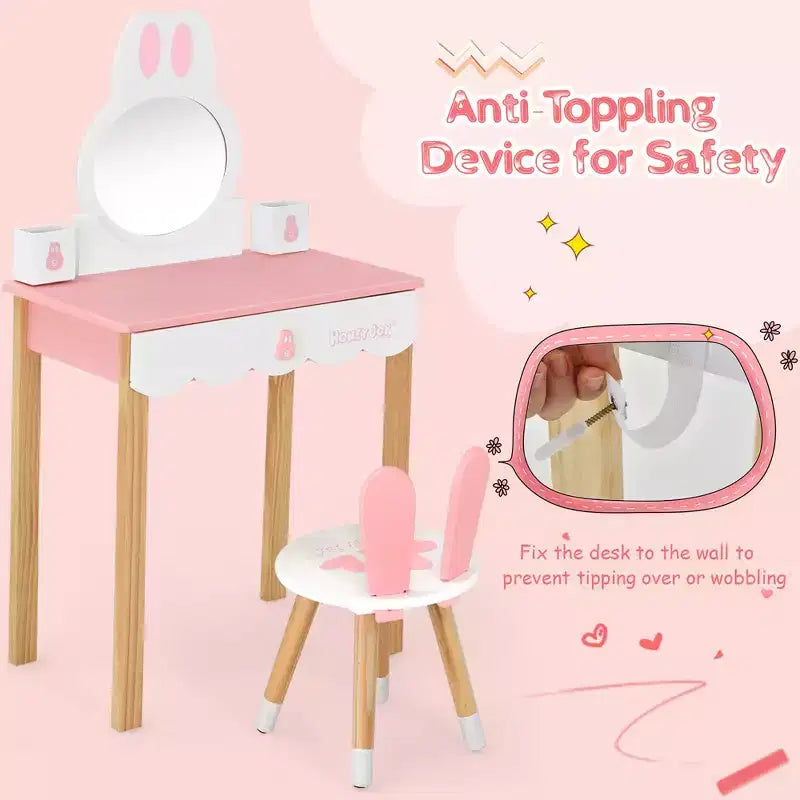 Costway Set Toeletta Bambini con Specchio e Sgabello, Tavolo da Trucco Coniglietto per Bambini, Bianco/Rosa