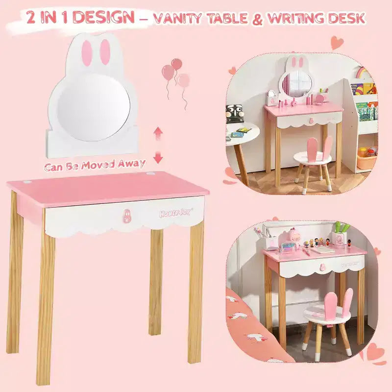 Costway Set Toeletta Bambini con Specchio e Sgabello, Tavolo da Trucco Coniglietto per Bambini, Bianco/Rosa