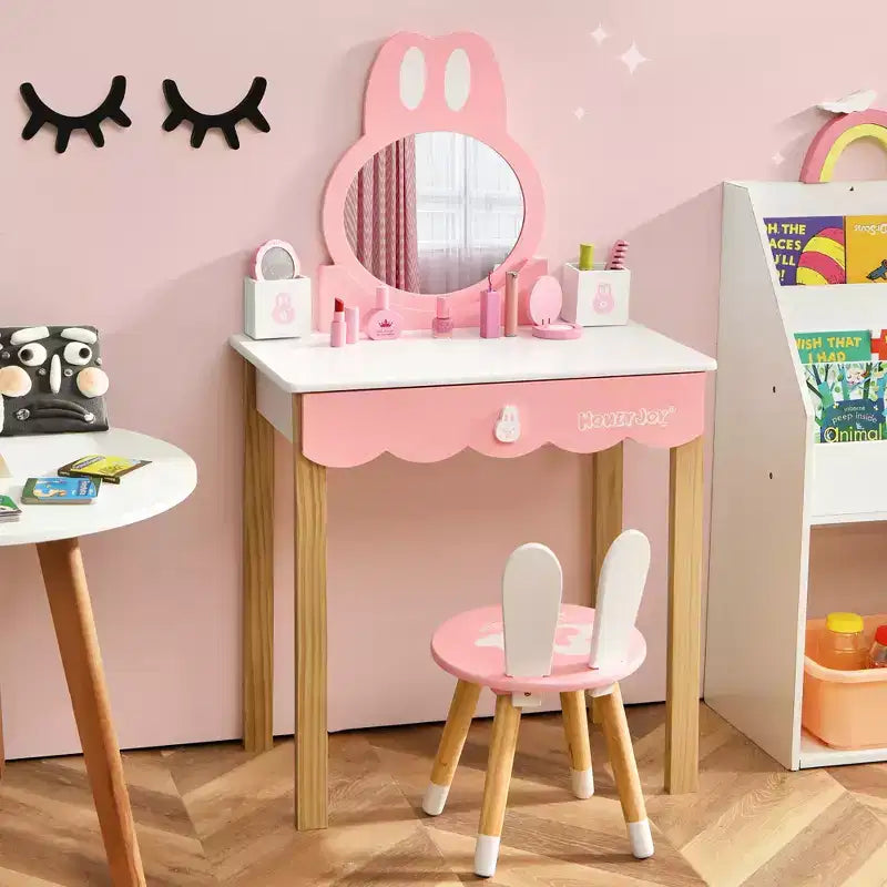 Costway Set Toeletta Bambini con Specchio e Sgabello, Tavolo da Trucco Coniglietto per Bambini, Bianco/Rosa