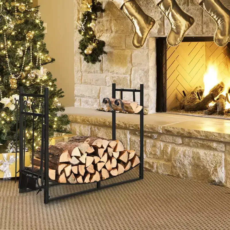 Costway Rastrelliera Portalegna 36'' con Set 4 Utensili e Supporti per Accendifuoco per Interno Esterno