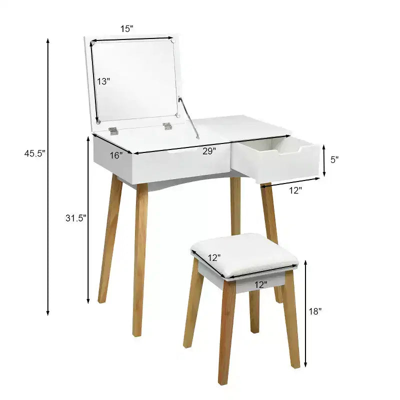Set Tavolo da Trucco Costway con Specchio a Scomparsa, Sgabello Imbottito e Scrivania con 1 Cassetto