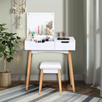 Set Tavolo da Trucco Costway con Specchio a Scomparsa, Sgabello Imbottito e Scrivania con 1 Cassetto