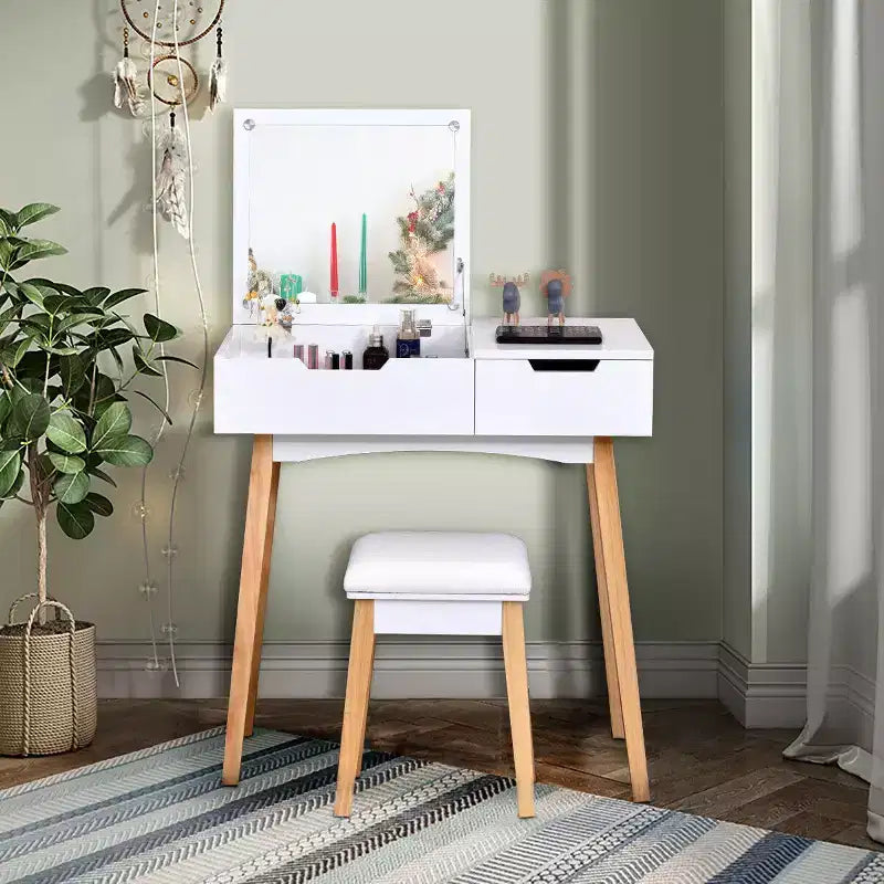 Set Tavolo da Trucco Costway con Specchio a Scomparsa, Sgabello Imbottito e Scrivania con 1 Cassetto
