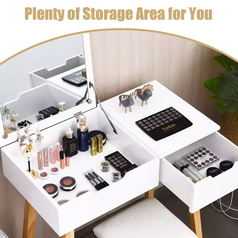 Set Tavolo da Trucco Costway con Specchio a Scomparsa, Sgabello Imbottito e Scrivania con 1 Cassetto