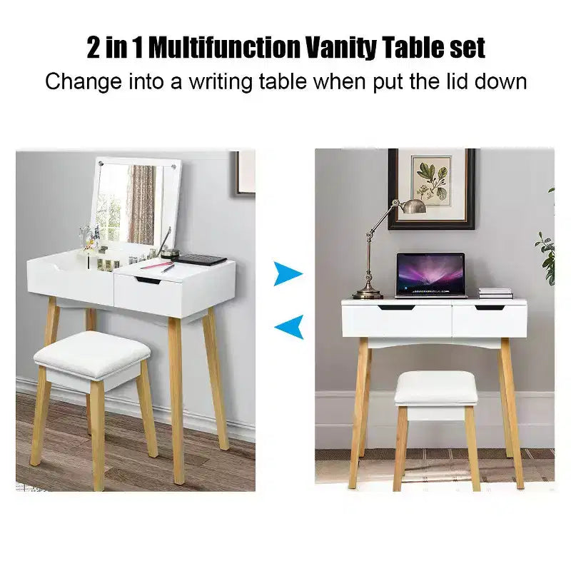 Set Tavolo da Trucco Costway con Specchio a Scomparsa, Sgabello Imbottito e Scrivania con 1 Cassetto