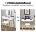 Set Tavolo da Trucco Costway con Specchio a Scomparsa, Sgabello Imbottito e Scrivania con 1 Cassetto