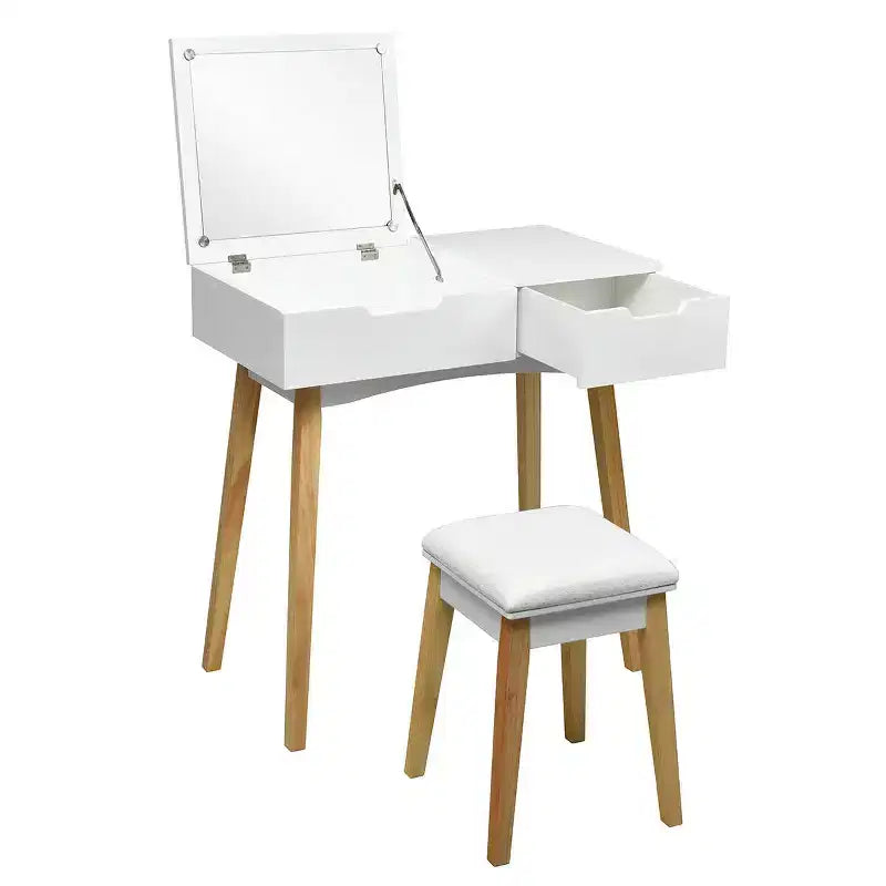 Set Tavolo da Trucco Costway con Specchio a Scomparsa, Sgabello Imbottito e Scrivania con 1 Cassetto