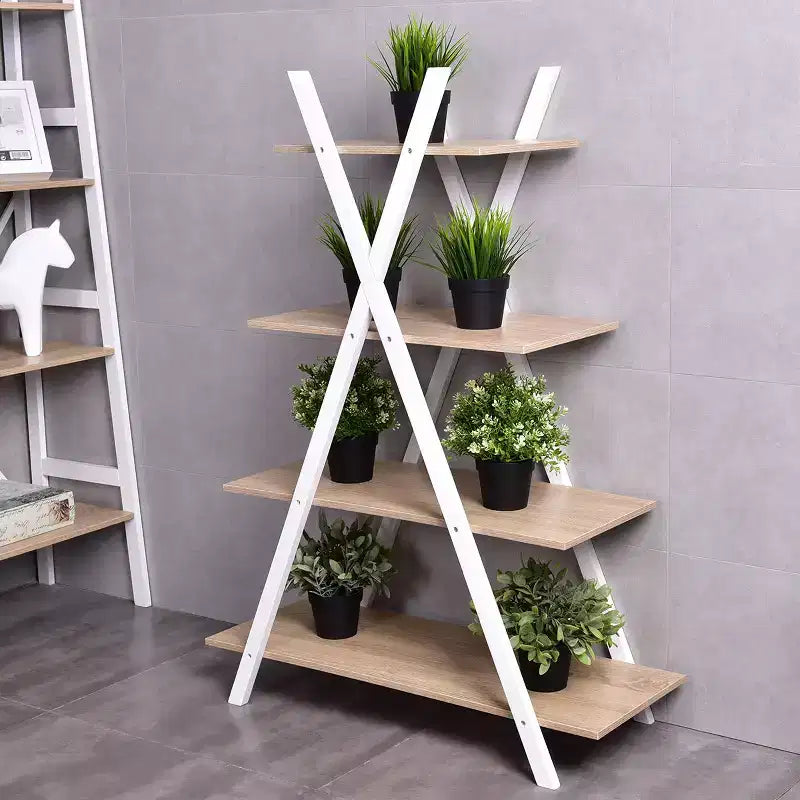 Costway Scaffale a 4 Ripiani Scaffali per Esposizione Libreria a Scala a Forma di X