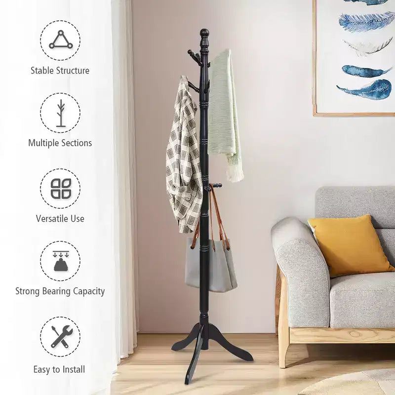 Appendiabiti Costway in legno con 9 ganci e 2 altezze regolabili Noce/Nero/Grigio