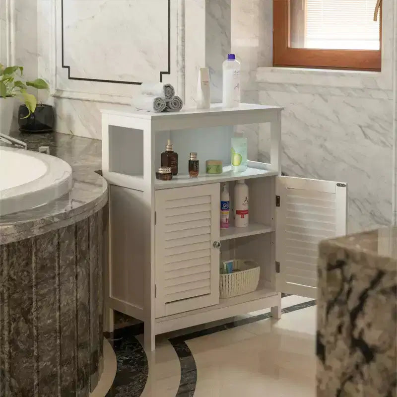 Mobiletto lavabo bagno Basicwise moderno in legno bianco con ripiani regolabili e ante con design a due assi orizzontali