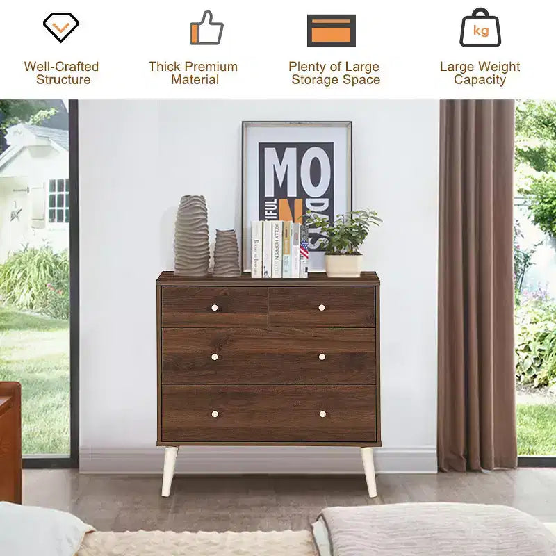 Costway Cassettiera a 4 cassetti, mobile contenitore con gambe in gomma e binario, finitura noce