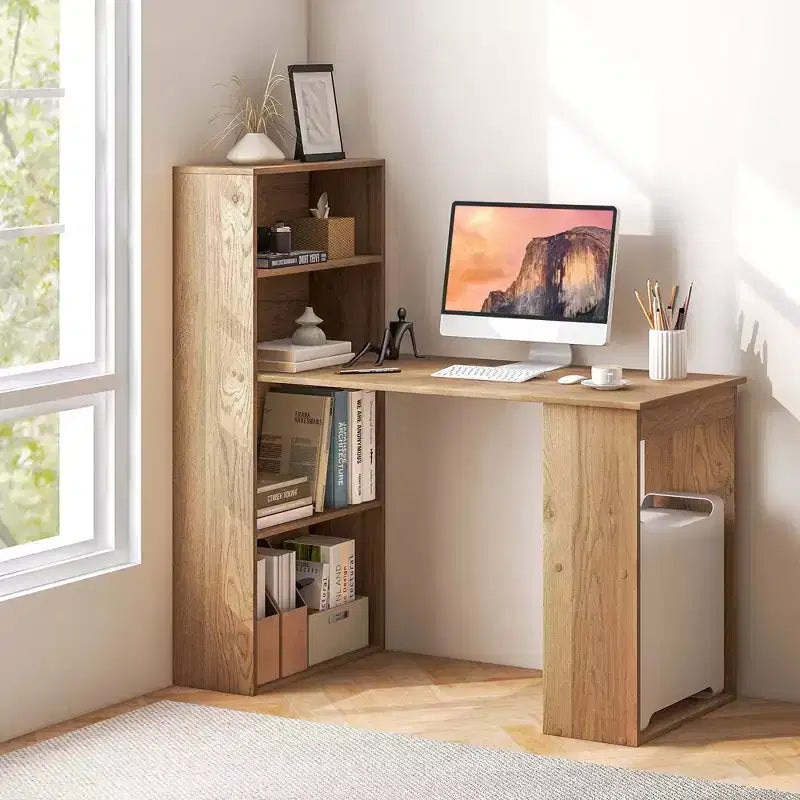 Scrivania per computer Costway Workstation da ufficio con 6 ripiani di archiviazione bianco/nero