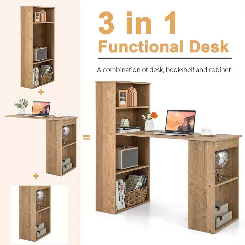 Scrivania per computer Costway Workstation da ufficio con 6 ripiani di archiviazione bianco/nero