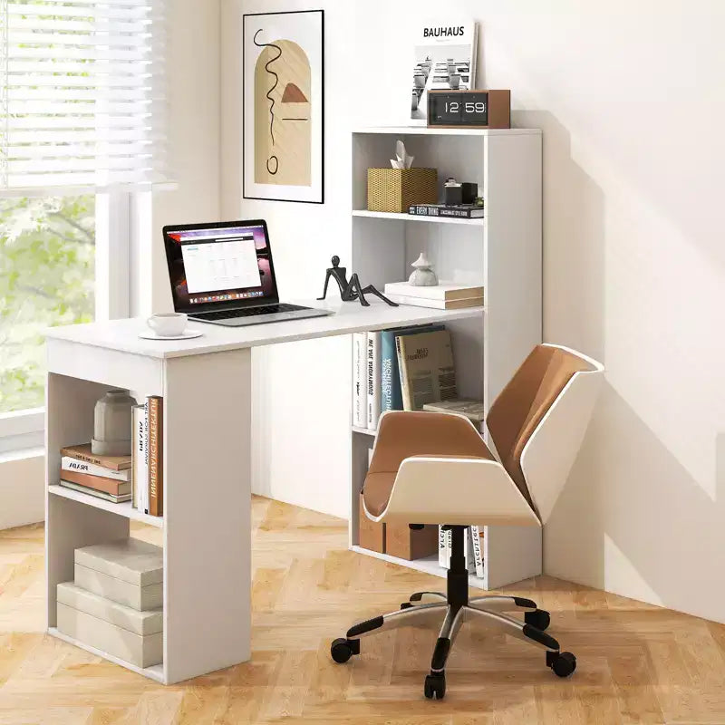 Scrivania per computer Costway Workstation da ufficio con 6 ripiani di archiviazione bianco/nero