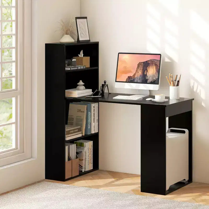 Scrivania per computer Costway Workstation da ufficio con 6 ripiani di archiviazione bianco/nero