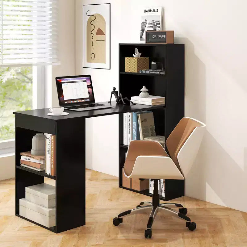 Scrivania per computer Costway Workstation da ufficio con 6 ripiani di archiviazione bianco/nero