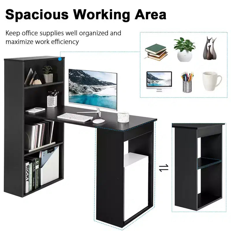 Scrivania per computer Costway Workstation da ufficio con 6 ripiani di archiviazione bianco/nero