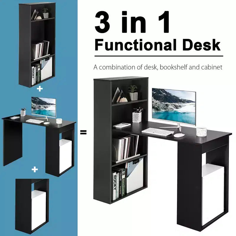 Scrivania per computer Costway Workstation da ufficio con 6 ripiani di archiviazione bianco/nero