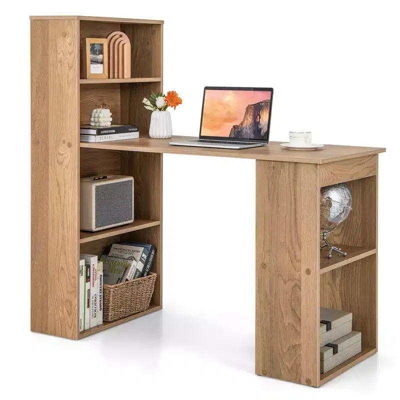 Scrivania per computer Costway Workstation da ufficio con 6 ripiani di archiviazione bianco/nero