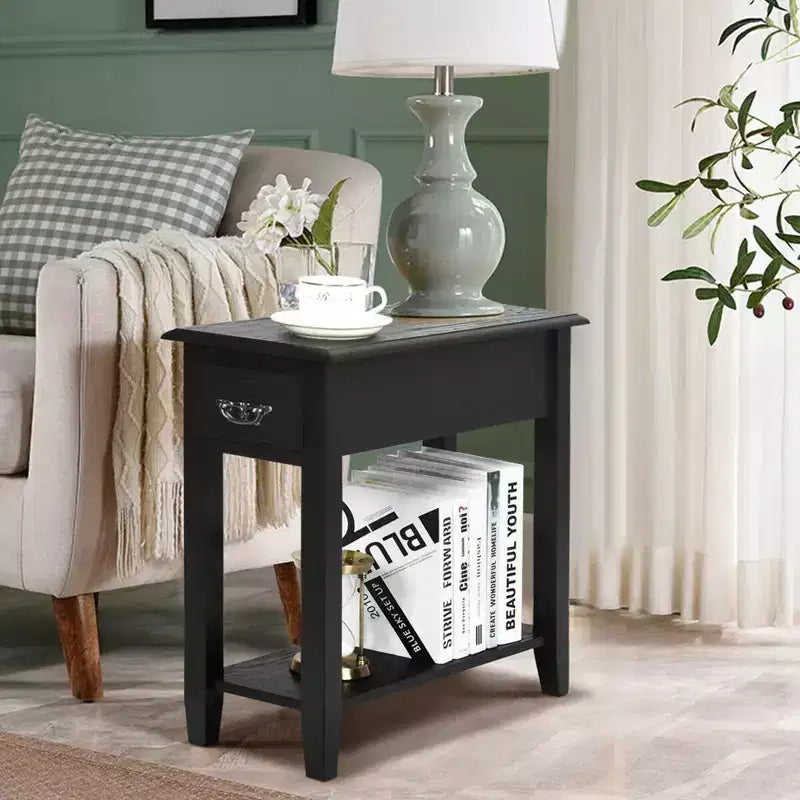 Costway Set di 2 Comodini a 2 Livelli Tavolino da Divano con Cassetto e Ripiano Nero