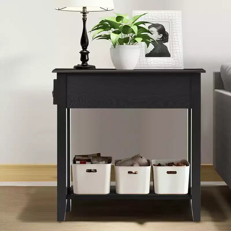 Costway Set di 2 Comodini a 2 Livelli Tavolino da Divano con Cassetto e Ripiano Nero