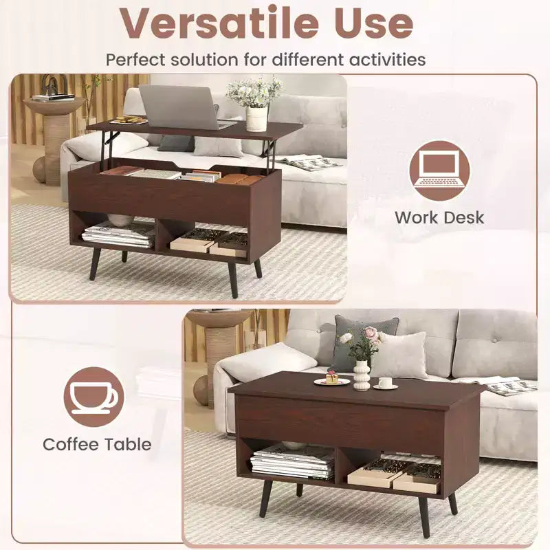 Tavolino da caffè Costway 31,5'' con piano sollevabile, moderno, con scomparto nascosto e gambe in legno per la casa