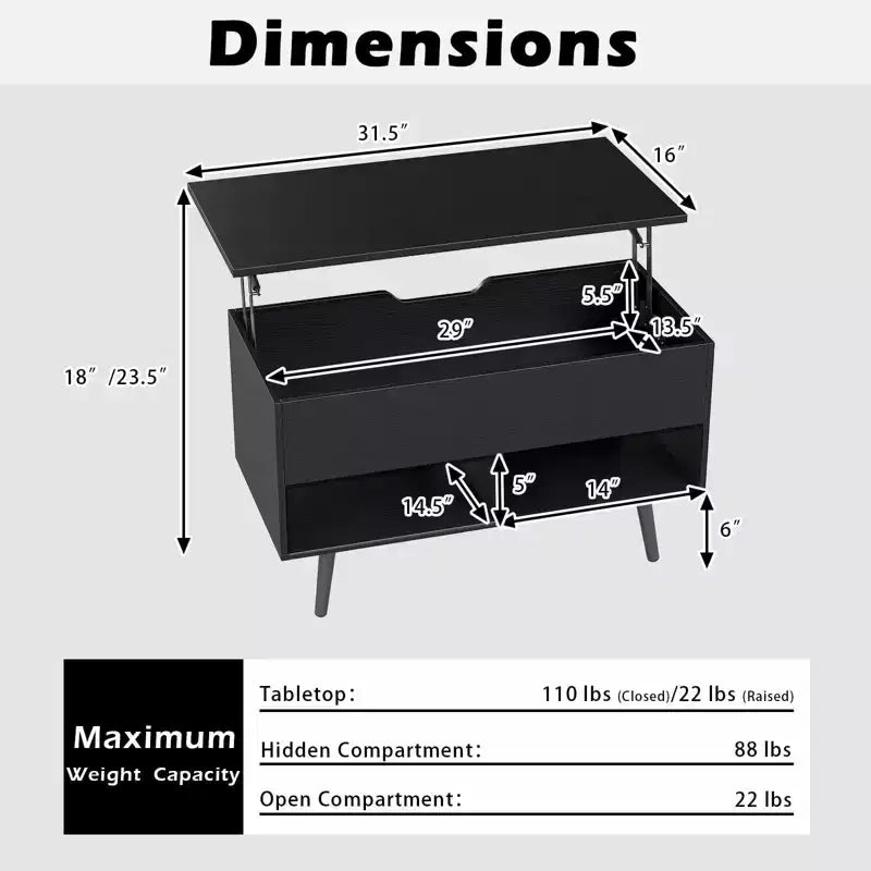 Tavolino da caffè Costway 31,5'' con piano sollevabile, moderno, con scomparto nascosto e gambe in legno per la casa