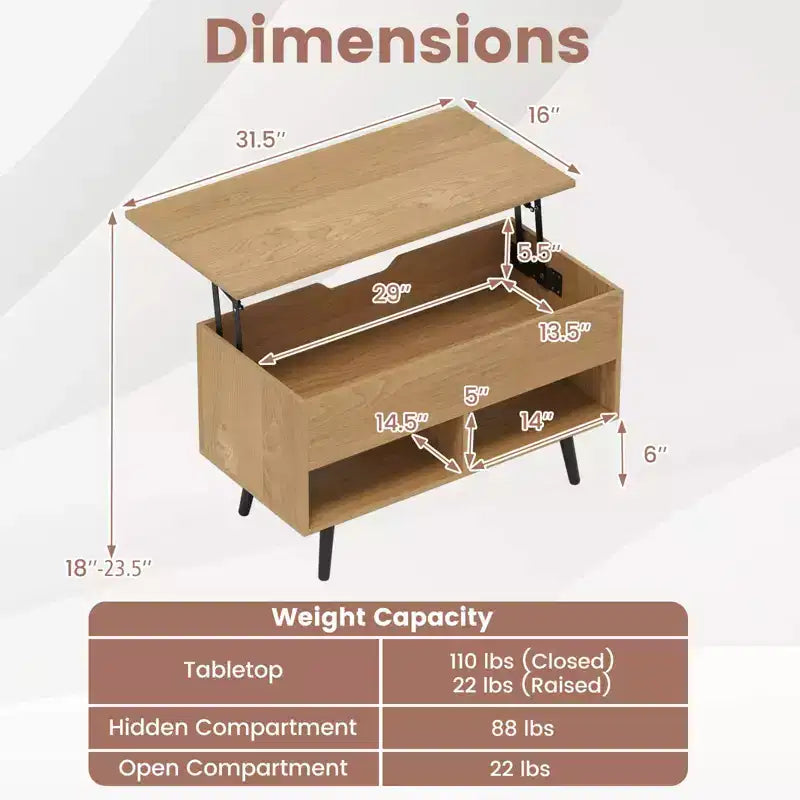 Tavolino da caffè Costway 31,5'' con piano sollevabile, moderno, con scomparto nascosto e gambe in legno per la casa