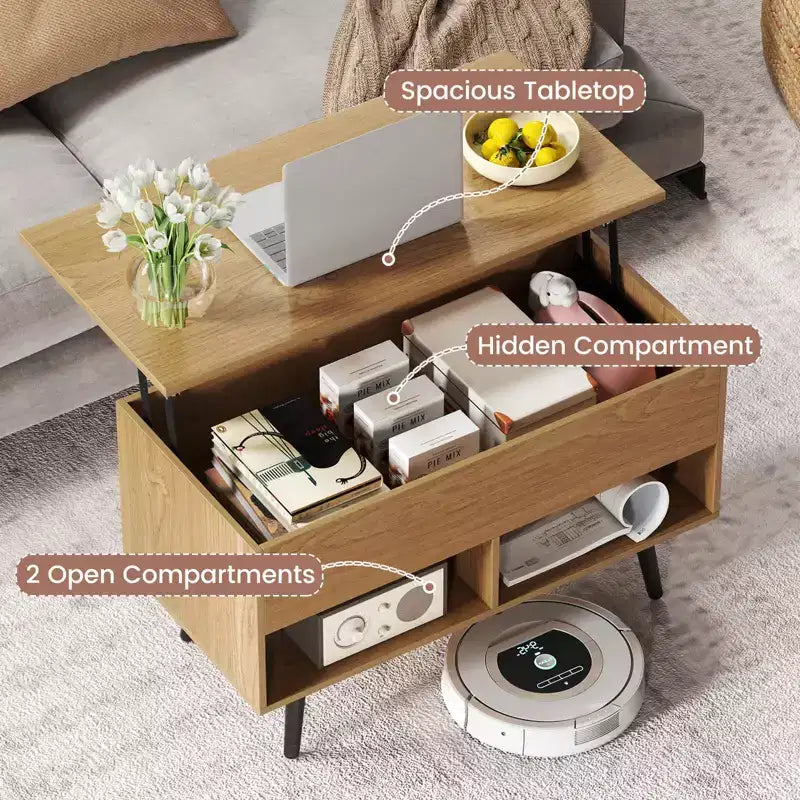 Tavolino da caffè Costway 31,5'' con piano sollevabile, moderno, con scomparto nascosto e gambe in legno per la casa