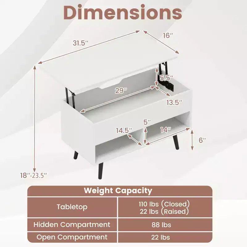 Tavolino da caffè Costway 31,5'' con piano sollevabile, moderno, con scomparto nascosto e gambe in legno per la casa