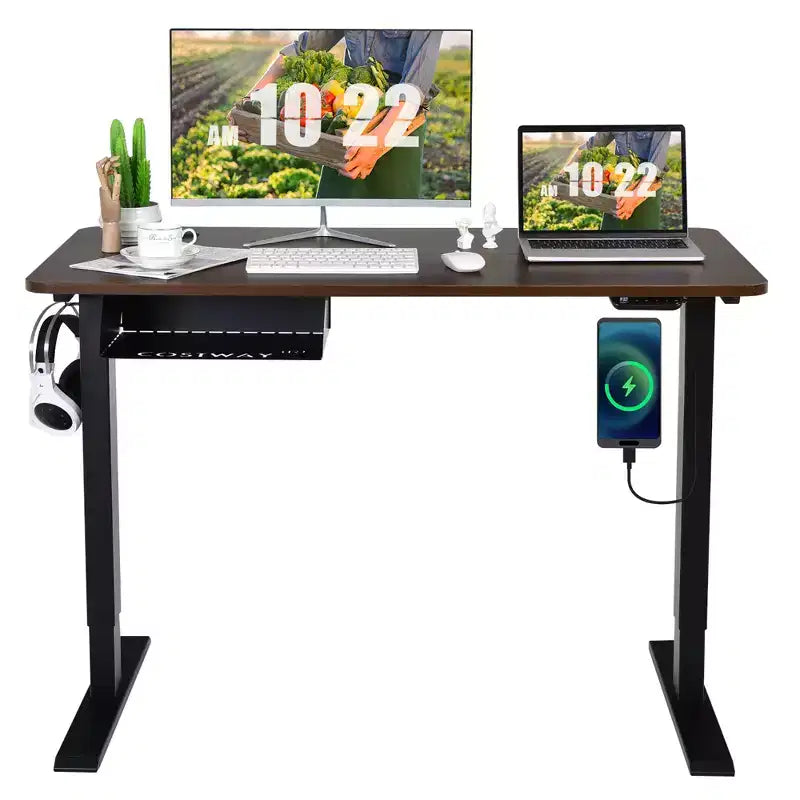 Scrivania Elettrica Regolabile in Altezza Costway 48'' con Pannello di Controllo e Porta USB Rustico/Noce