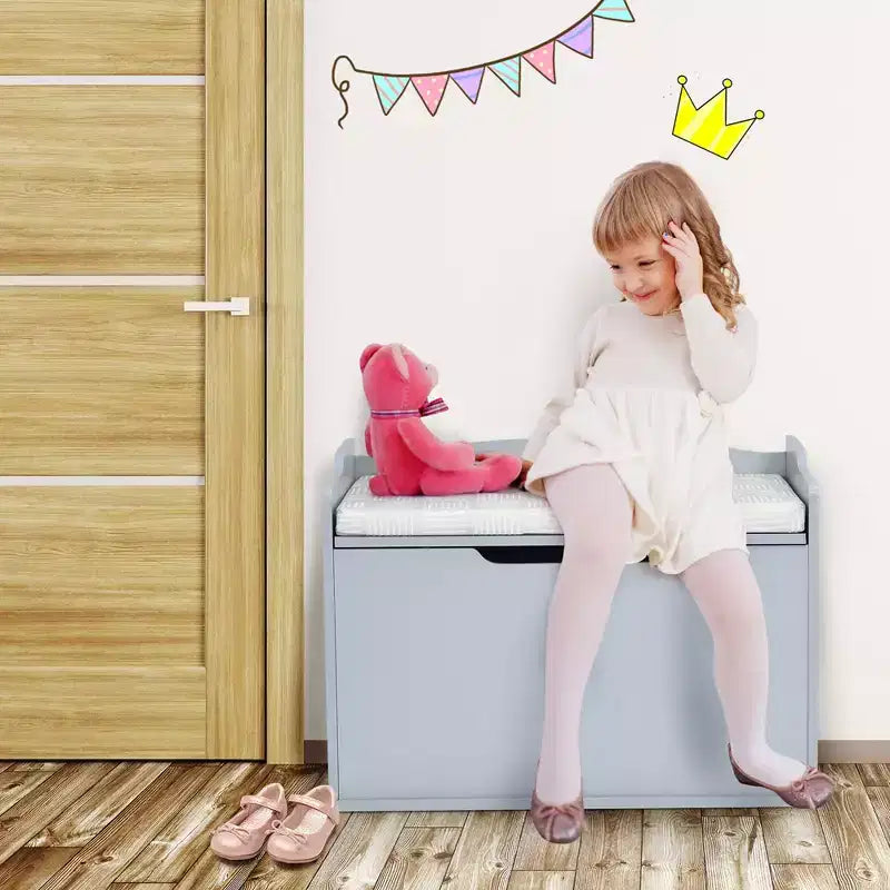 Costway Cassapanca porta giocattoli in legno per bambini con coperchio incernierato e cuscino di sicurezza