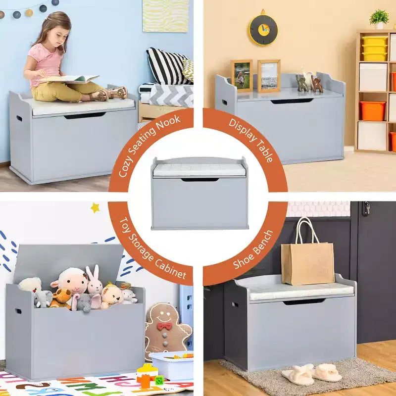 Costway Cassapanca porta giocattoli in legno per bambini con coperchio incernierato e cuscino di sicurezza
