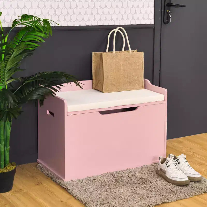 Costway Cassapanca porta giocattoli in legno per bambini con coperchio incernierato e cuscino di sicurezza