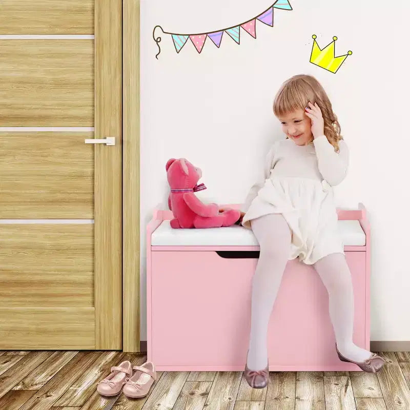 Costway Cassapanca porta giocattoli in legno per bambini con coperchio incernierato e cuscino di sicurezza