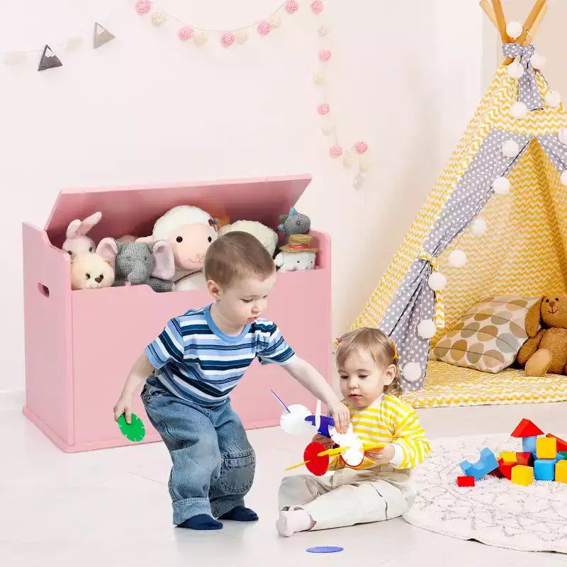 Costway Cassapanca porta giocattoli in legno per bambini con coperchio incernierato e cuscino di sicurezza