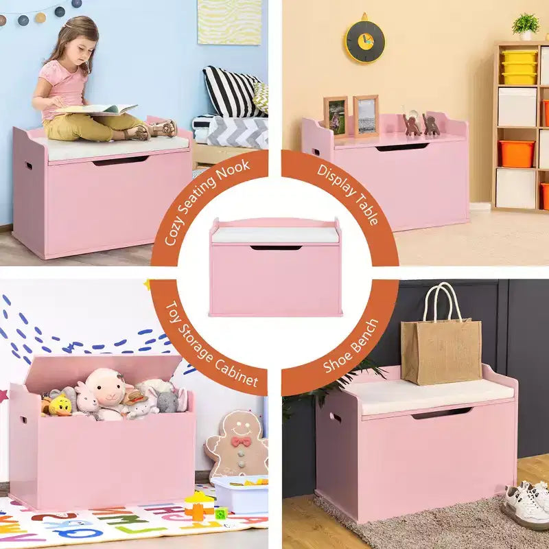 Costway Cassapanca porta giocattoli in legno per bambini con coperchio incernierato e cuscino di sicurezza
