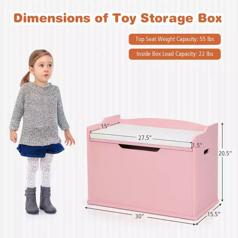 Costway Cassapanca porta giocattoli in legno per bambini con coperchio incernierato e cuscino di sicurezza