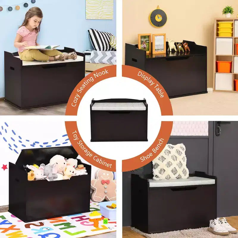 Costway Cassapanca porta giocattoli in legno per bambini con coperchio incernierato e cuscino di sicurezza