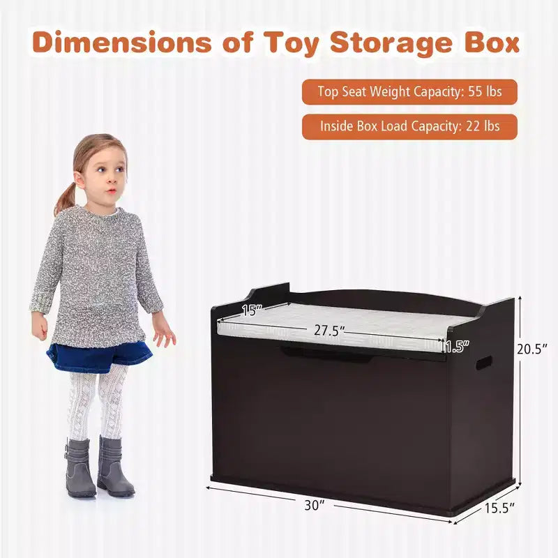 Costway Cassapanca porta giocattoli in legno per bambini con coperchio incernierato e cuscino di sicurezza