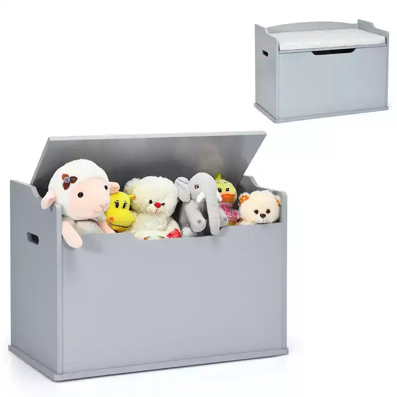 Costway Cassapanca porta giocattoli in legno per bambini con coperchio incernierato e cuscino di sicurezza