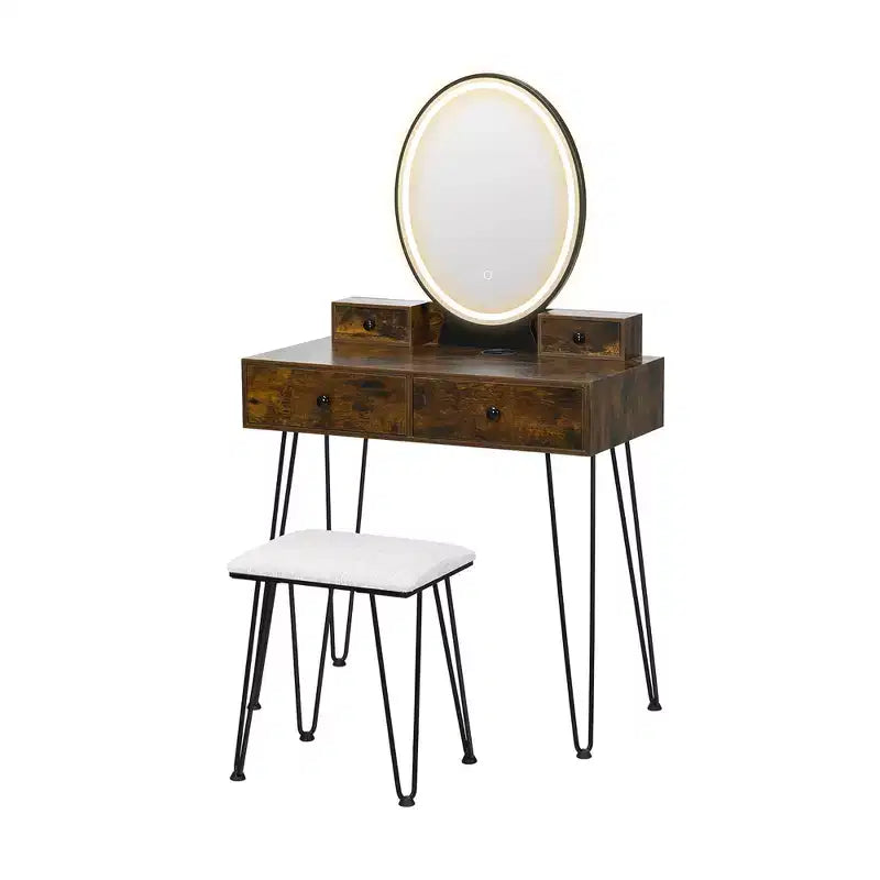 Costway Set Tavolo da Trucco Industriale con Specchio Illuminato a 3 Colori e Sgabello Imbottito