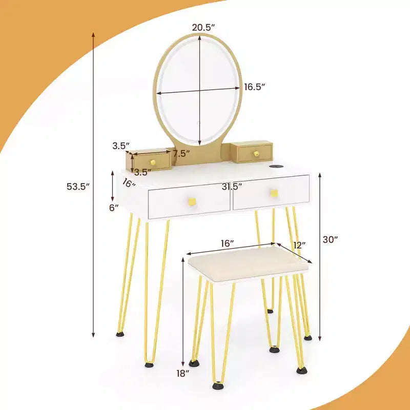Costway Set Tavolo da Trucco Industriale con Specchio Illuminato a 3 Colori e Sgabello Imbottito