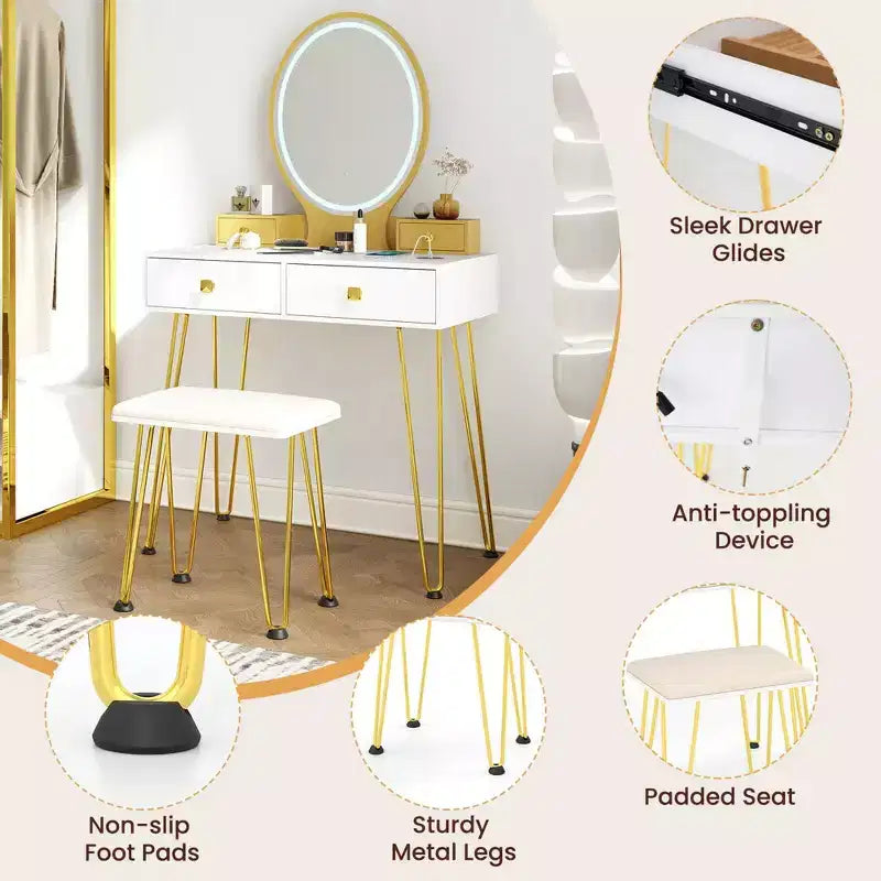 Costway Set Tavolo da Trucco Industriale con Specchio Illuminato a 3 Colori e Sgabello Imbottito