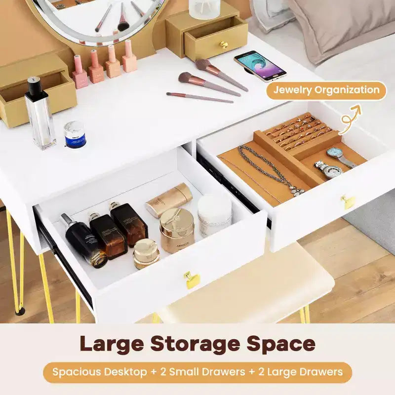 Costway Set Tavolo da Trucco Industriale con Specchio Illuminato a 3 Colori e Sgabello Imbottito